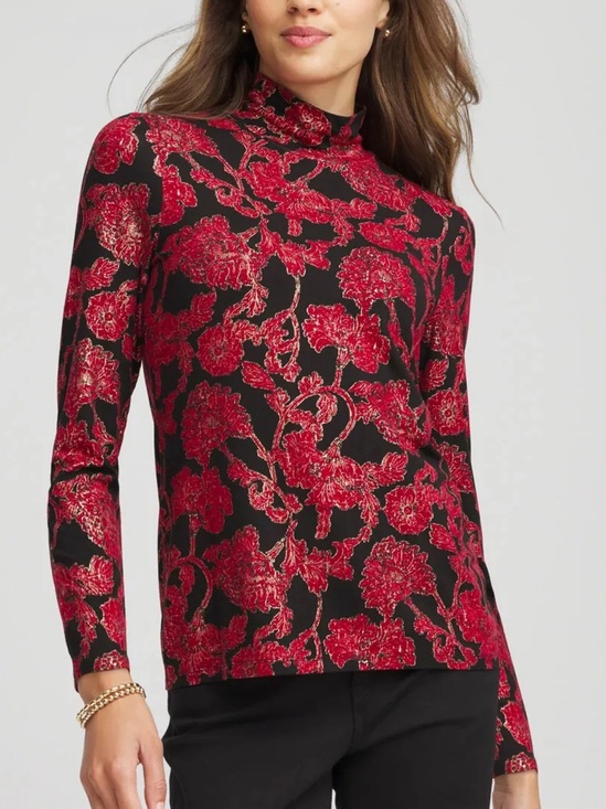 Chico's Tops - NWT Chico's 2 Touch Of Cool Carmine Red Floral Mock Neck Top US Size L